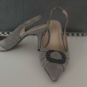 Pelle Moda Gray Slingback Heels with Embellished Buckle